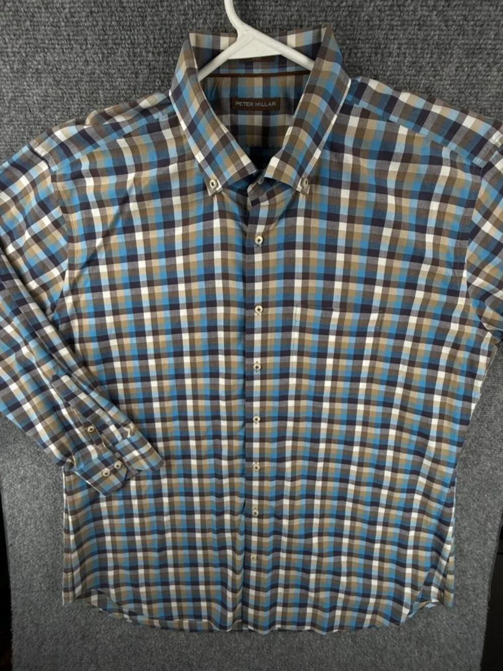 Peter Millar Blue Brown Check Button Up Shirt 2XL Cotton Long Sleeve Woven Adult